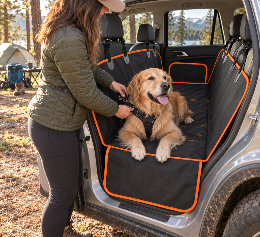 A golden retriever dog sits on a black cargo seat cover with bright orange trim installed in the back of a silver SUV. A woman in an olive green puffer jacket is fastening the harness, with a forest and mountains visible in the background.