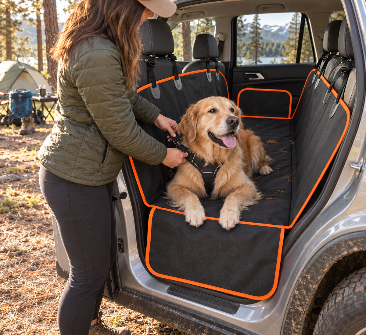 A golden retriever dog sits on a black cargo seat cover with bright orange trim installed in the back of a silver SUV. A woman in an olive green puffer jacket is fastening the harness, with a forest and mountains visible in the background.