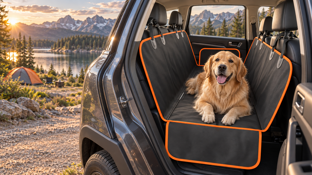 A golden retriever dog lies on a black pet car seat cover installed in the back of a dark SUV, with a scenic mountain lake campsite visible outside the open door.