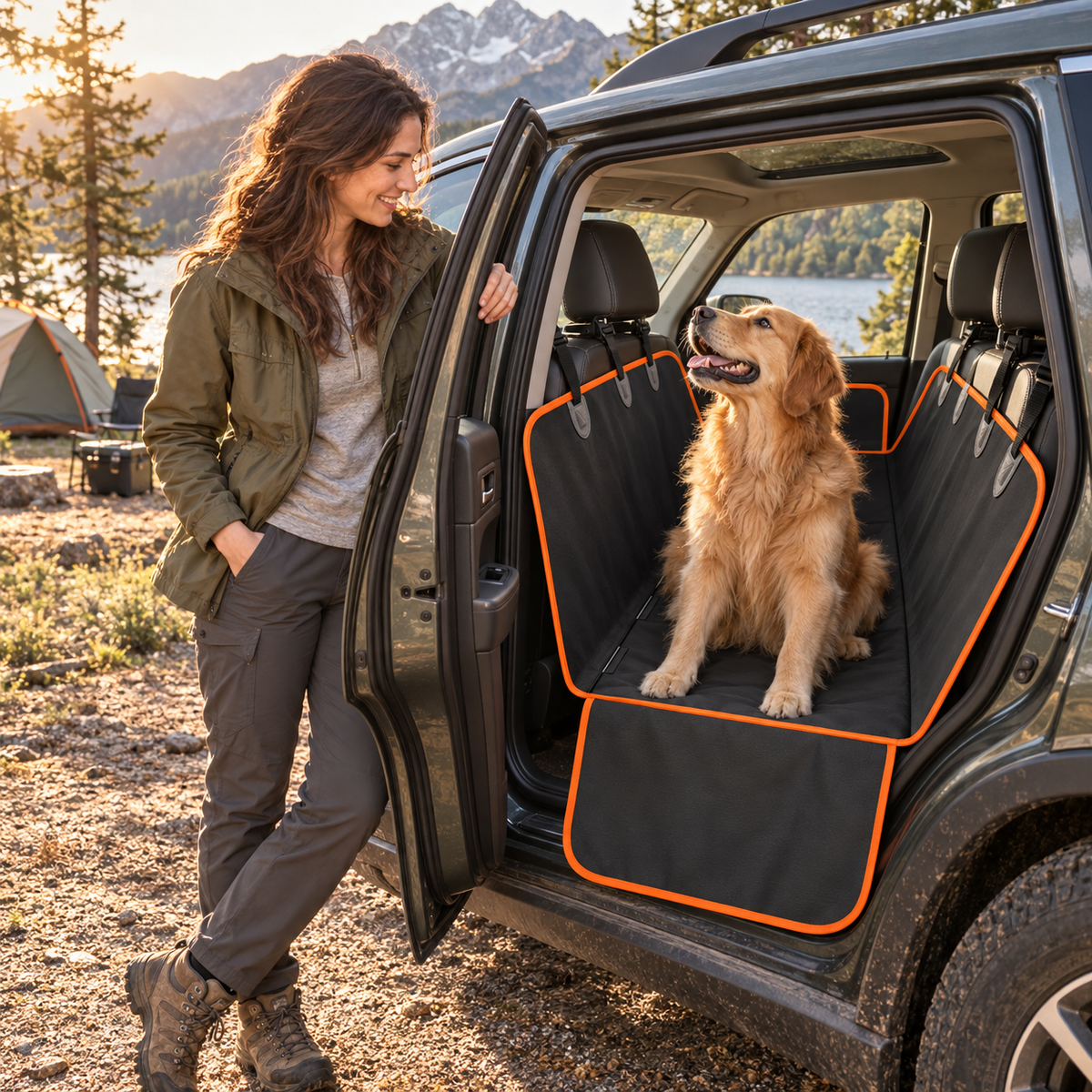 A woman stands by an open SUV door next to a golden retriever sitting on a black pet cargo seat cover with bright orange trim, set outdoors near a lake and mountains.