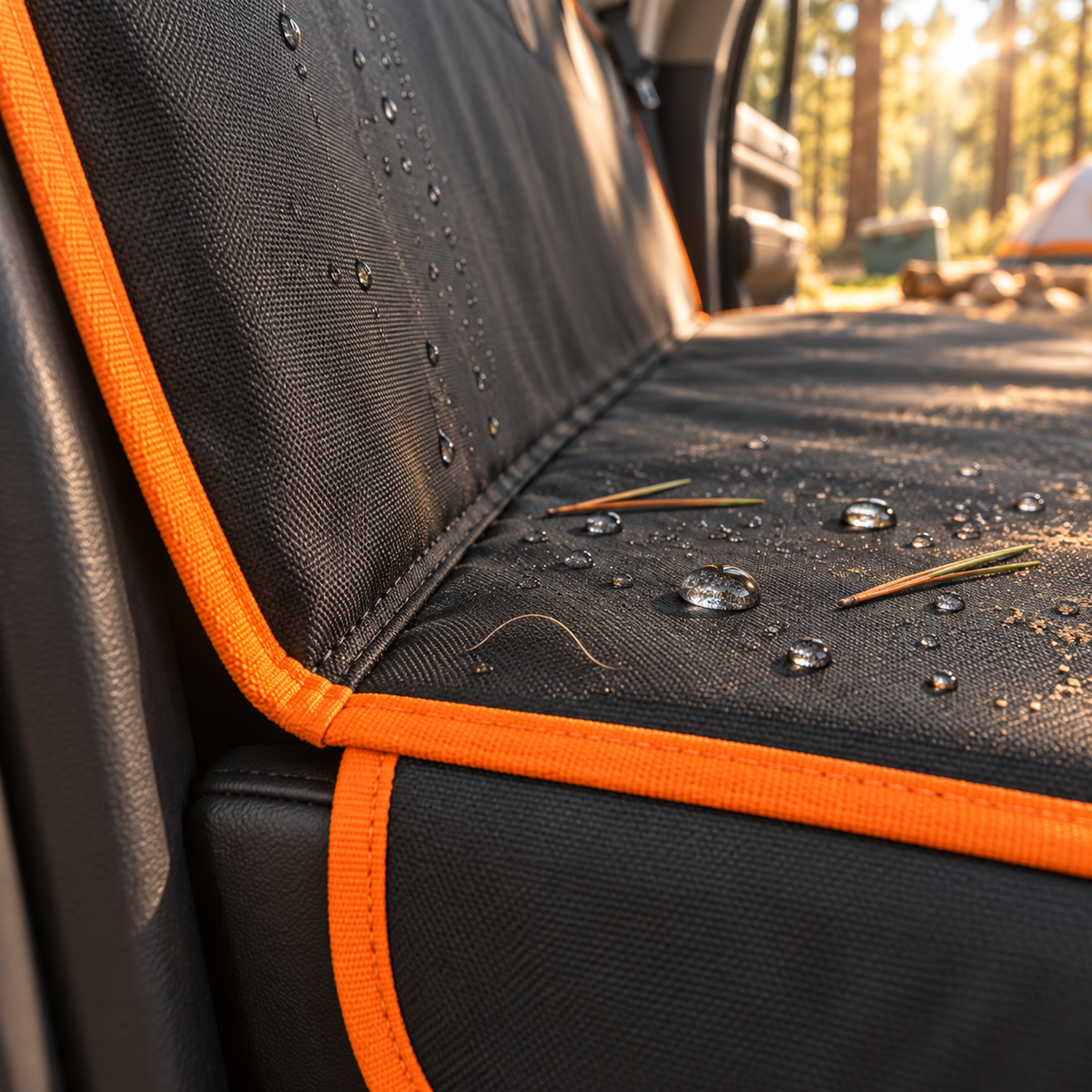 Close-up of a black textured car seat cover with bright orange piping, shown installed on a vehicle seat with water droplets on the surface and a blurred outdoor forest background.