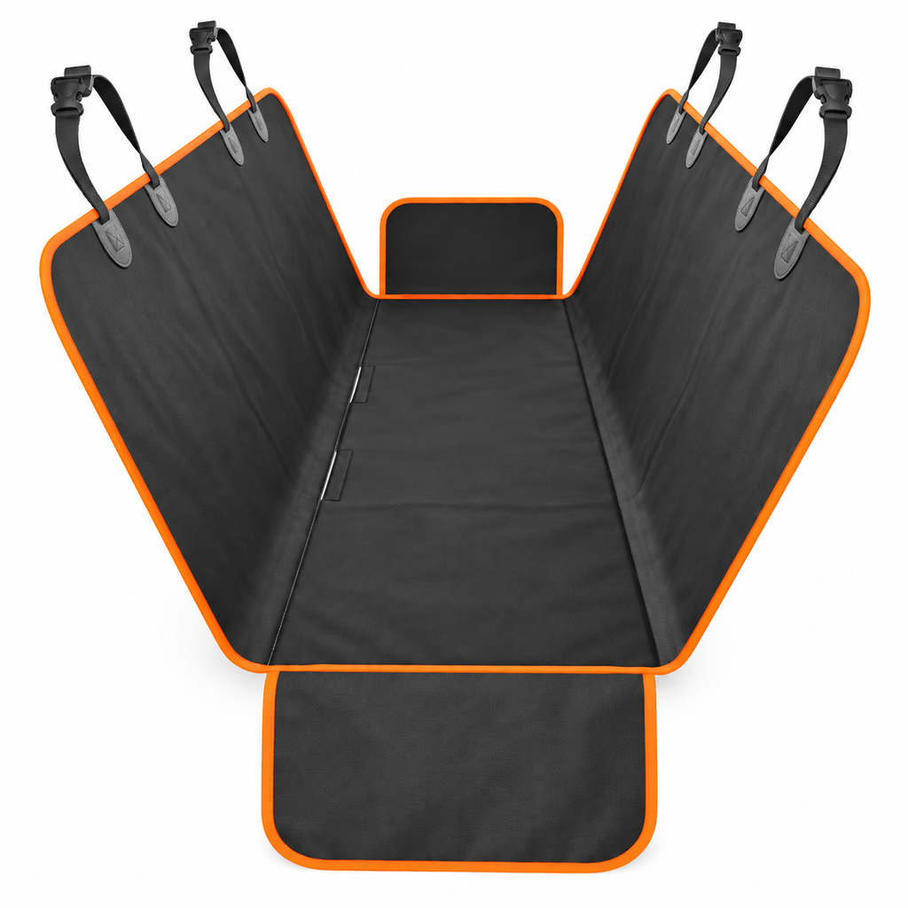 A black pet car seat cover with bright orange trim and black adjustable straps, shown laid flat against a white background.