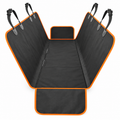 A black pet car seat cover with bright orange trim and black adjustable straps, shown laid flat against a white background.