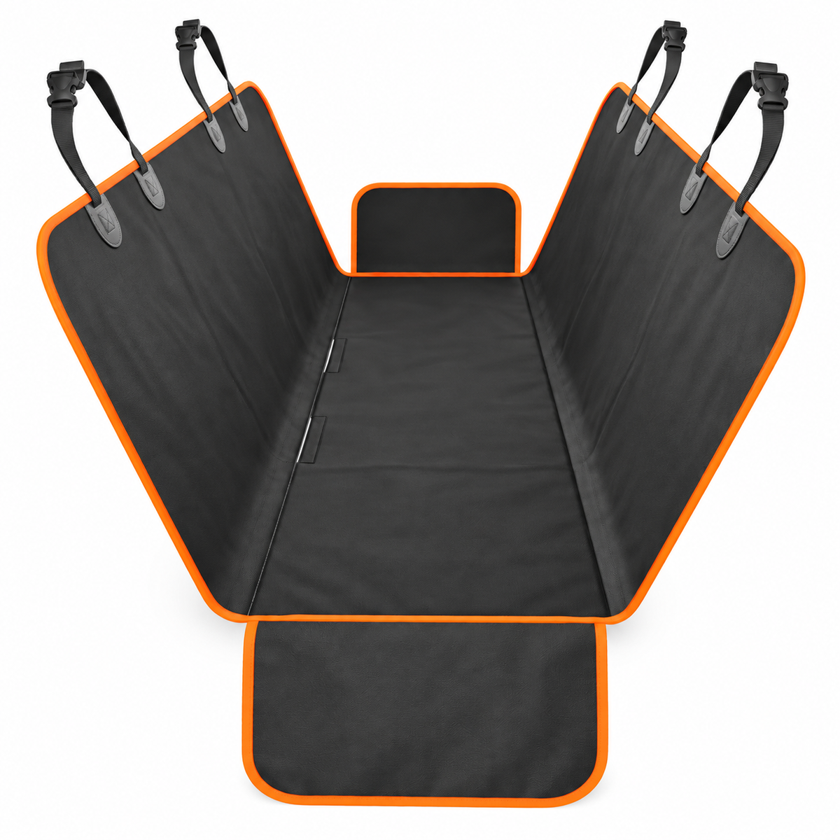A black pet car seat cover with bright orange trim and black adjustable straps, shown laid flat against a white background.