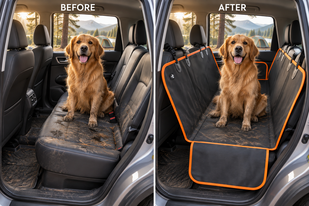 A side-by-side before/after comparison showing a golden retriever sitting in a dirty car rear seat, with the product deployed across the back seat area. The right side is labeled AFTER and shows a black pet seat cover with bright orange trim protecting the car upholstery.