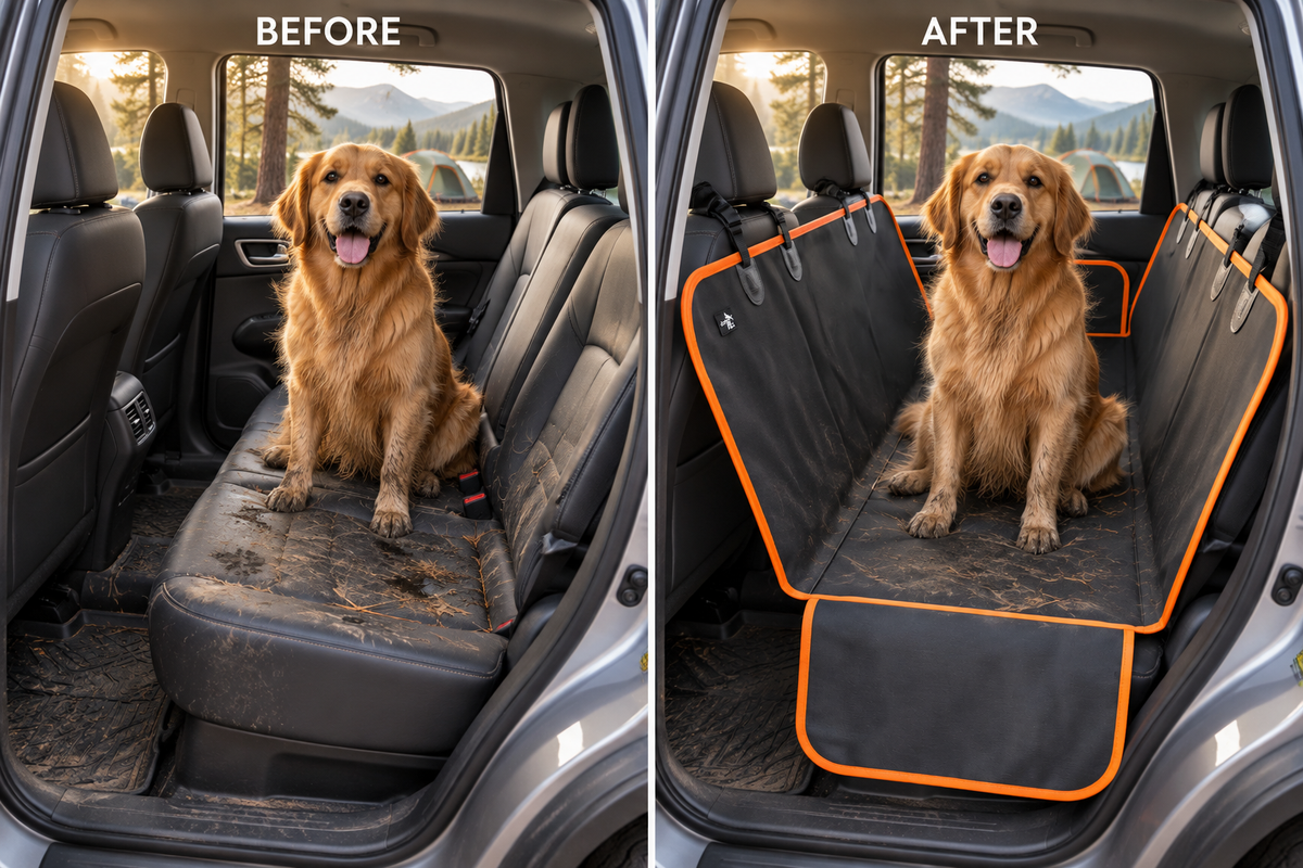 A side-by-side before/after comparison showing a golden retriever sitting in a dirty car rear seat, with the product deployed across the back seat area. The right side is labeled AFTER and shows a black pet seat cover with bright orange trim protecting the car upholstery.