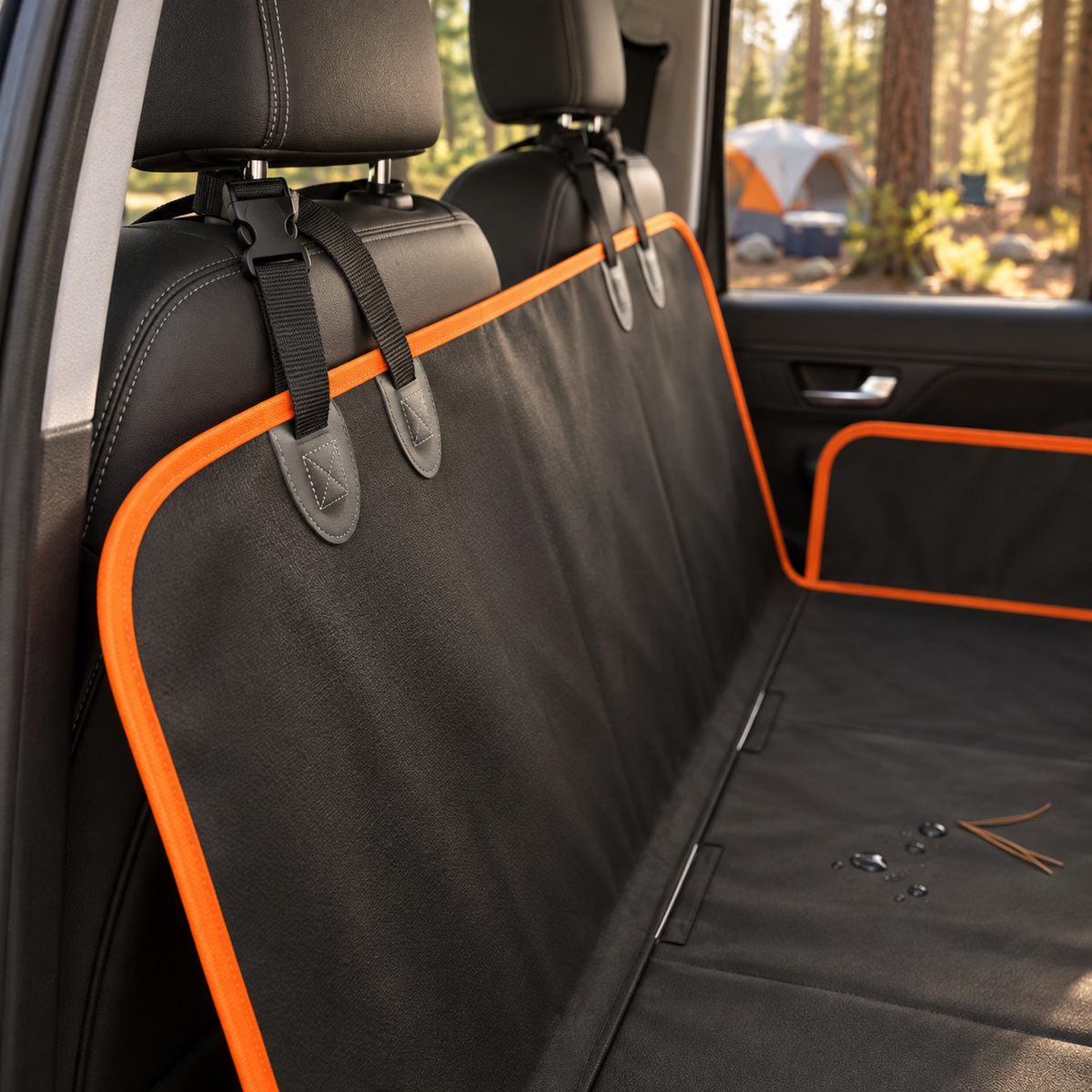A black car seat cover with bright orange trim installed across a vehicle's rear bench seat, shown in a real car interior with trees and a tent visible through the window.