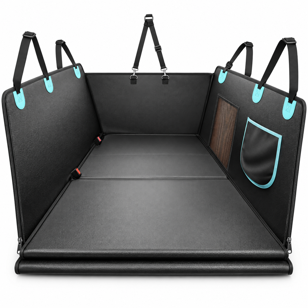 A black car trunk organizer tray with side panels, hanging straps, a zippered pocket, and a small wood-grain accent panel, shown on a white background.