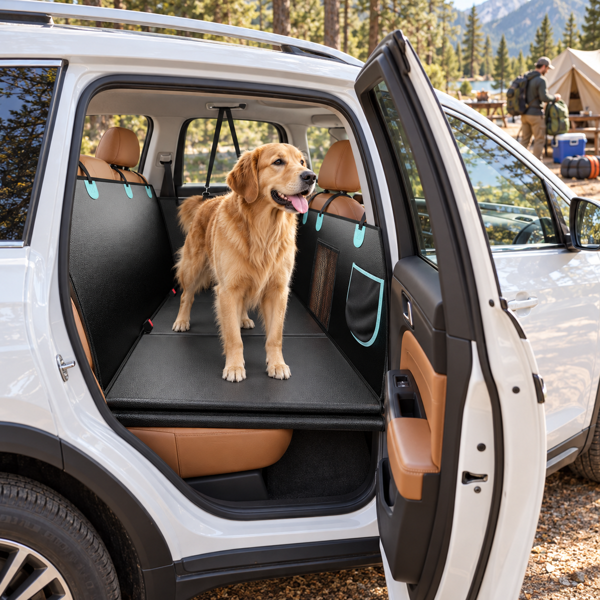 A golden retriever stands on a black dog cargo bed installed in the rear of a white SUV, with the vehicle door open and a campsite setting visible in the background.