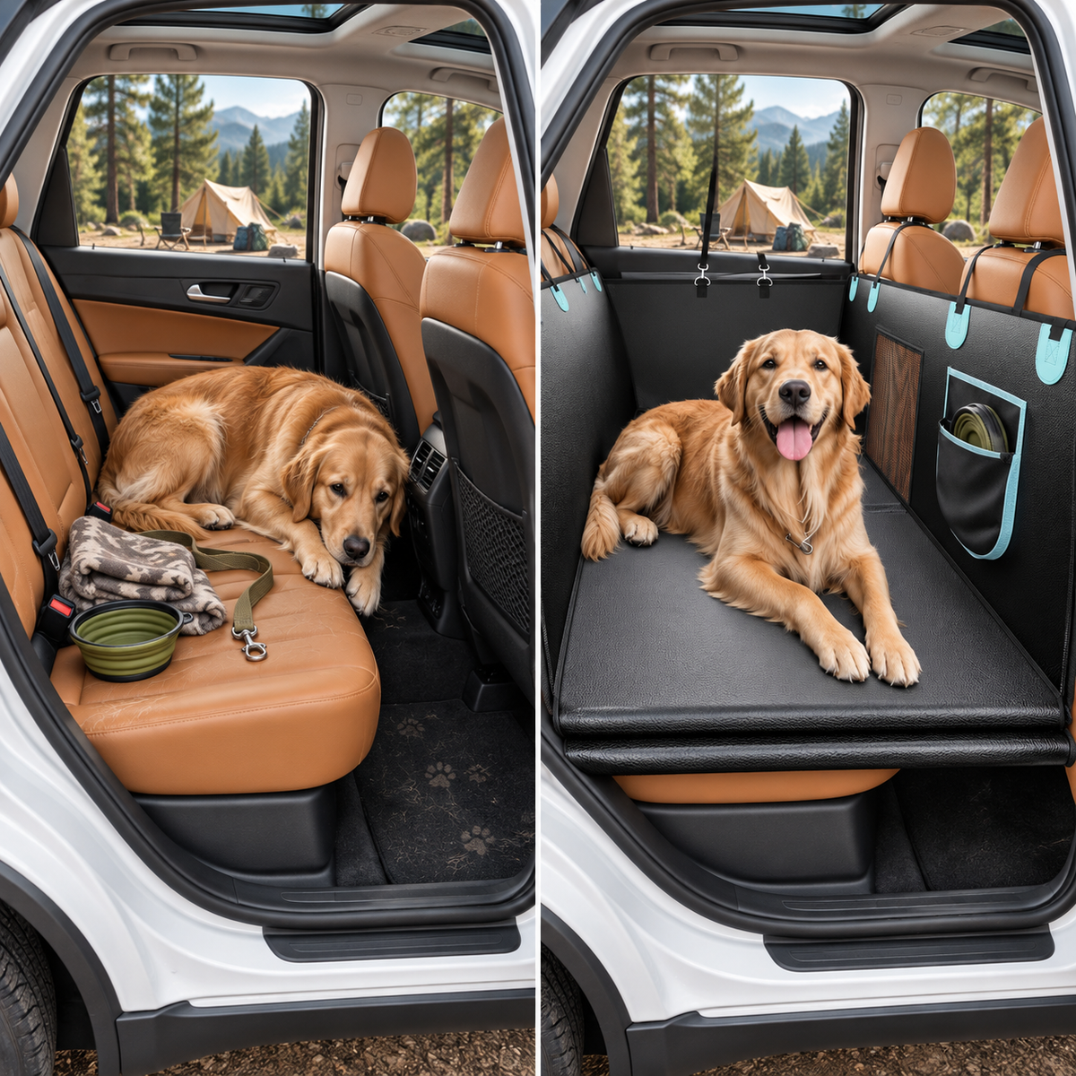 A golden retriever dog is shown in a split-screen comparison inside a vehicle's back seat, demonstrating a pet car seat cover. The left side shows the dog lying on the tan leather seat with the cover installed, while the right side shows the dog lying on the fully extended black pet bed cover.