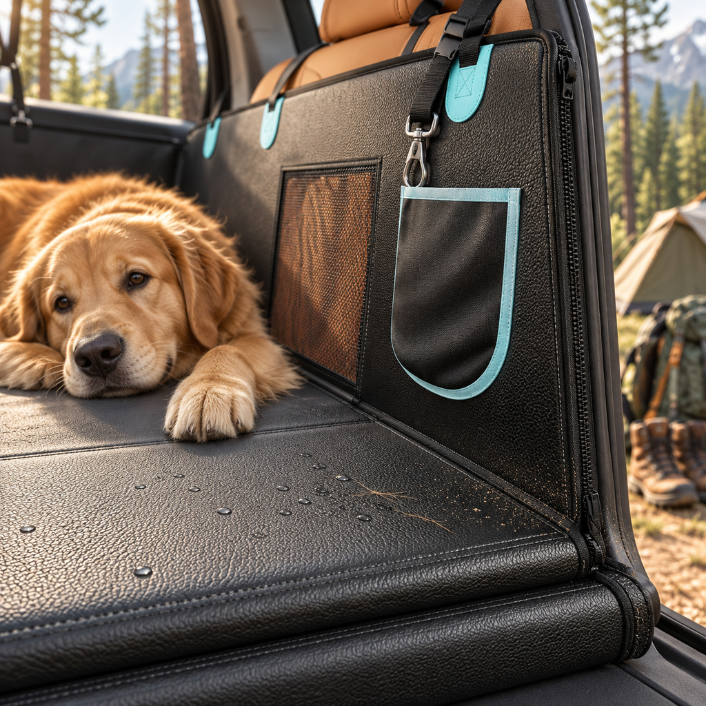 A golden retriever rests on a black pet car seat cover inside a vehicle trunk, with a forest and camping gear visible in the background. The cover has mesh pockets and turquoise trim.