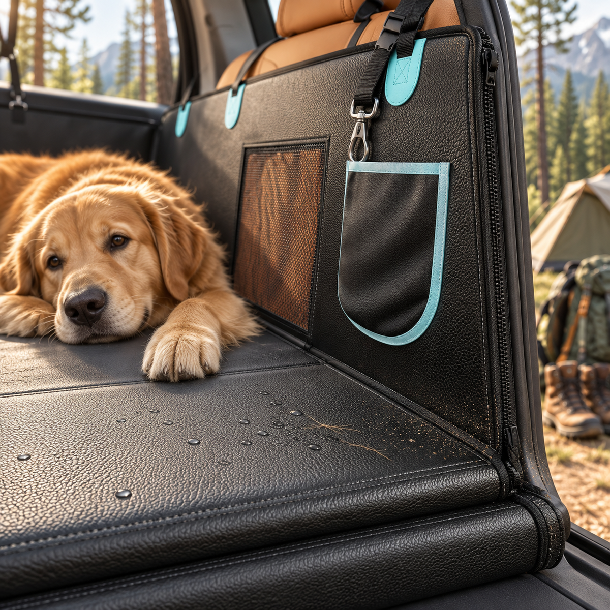 A golden retriever rests on a black pet car seat cover inside a vehicle trunk, with a forest and camping gear visible in the background. The cover has mesh pockets and turquoise trim.