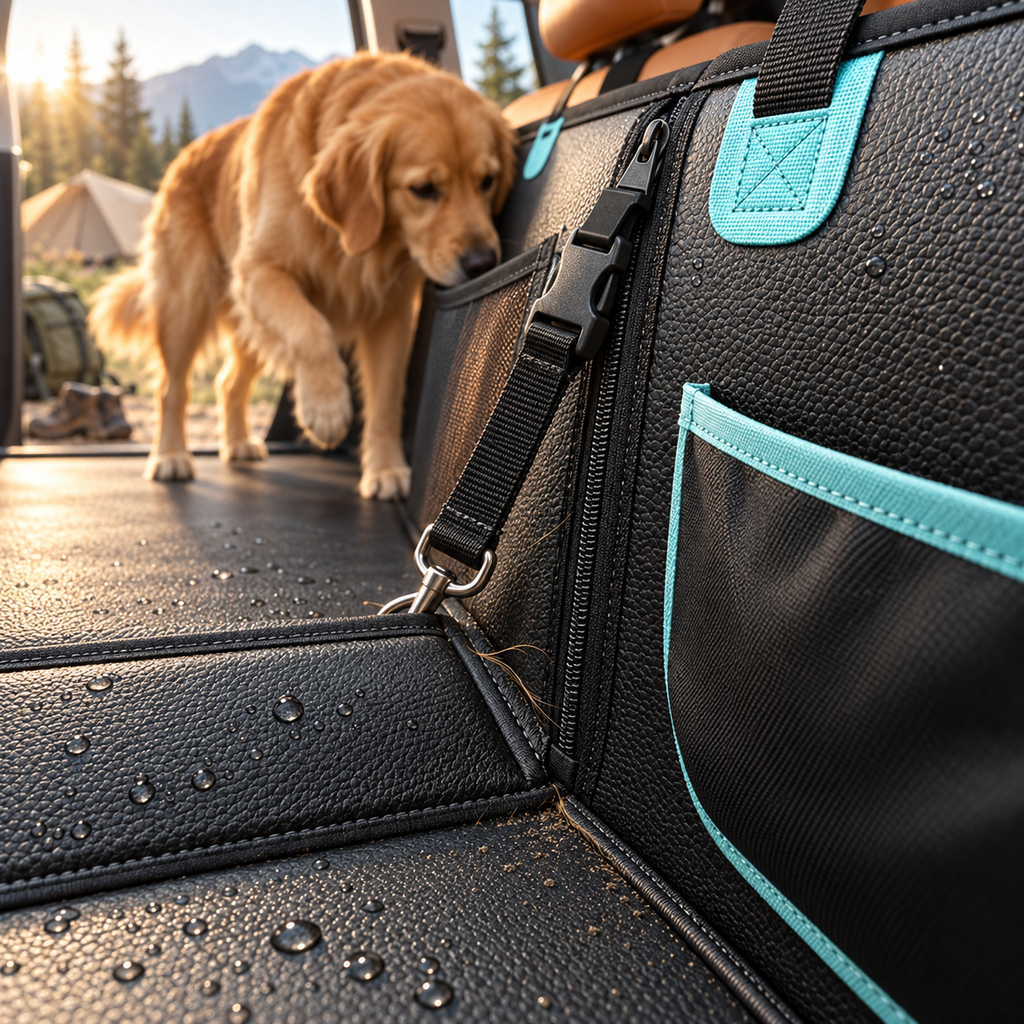 A golden retriever dog stands on the back of a vehicle next to a large black pet carrier or cargo bag with turquoise trim and mesh pockets. Water droplets are visible on the textured surface, with a blurred outdoor camping background.