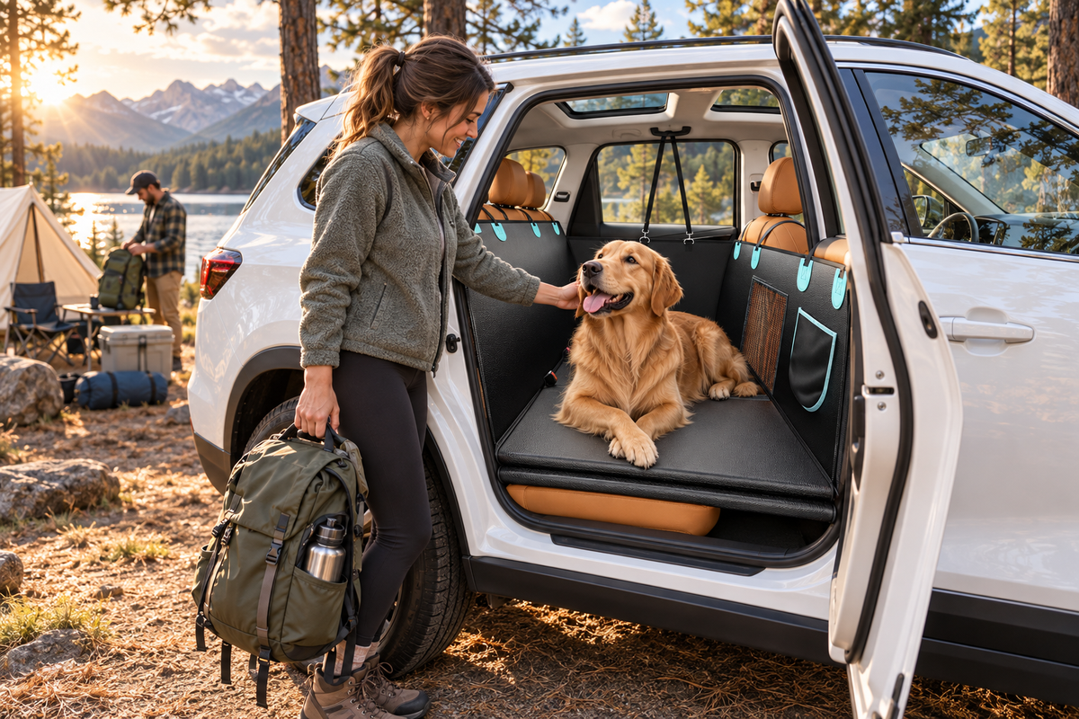 A woman stands beside an open white SUV at a lakeside campsite, petting a golden retriever sitting on a black cargo bed liner inside the vehicle. The scene includes trees, mountains, a tent, and camping gear in the background.