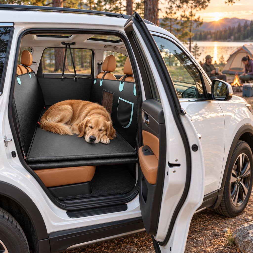 A golden retriever rests on a black pet car seat cover installed in the back of a white SUV, parked outdoors near a campsite and lake at sunset.