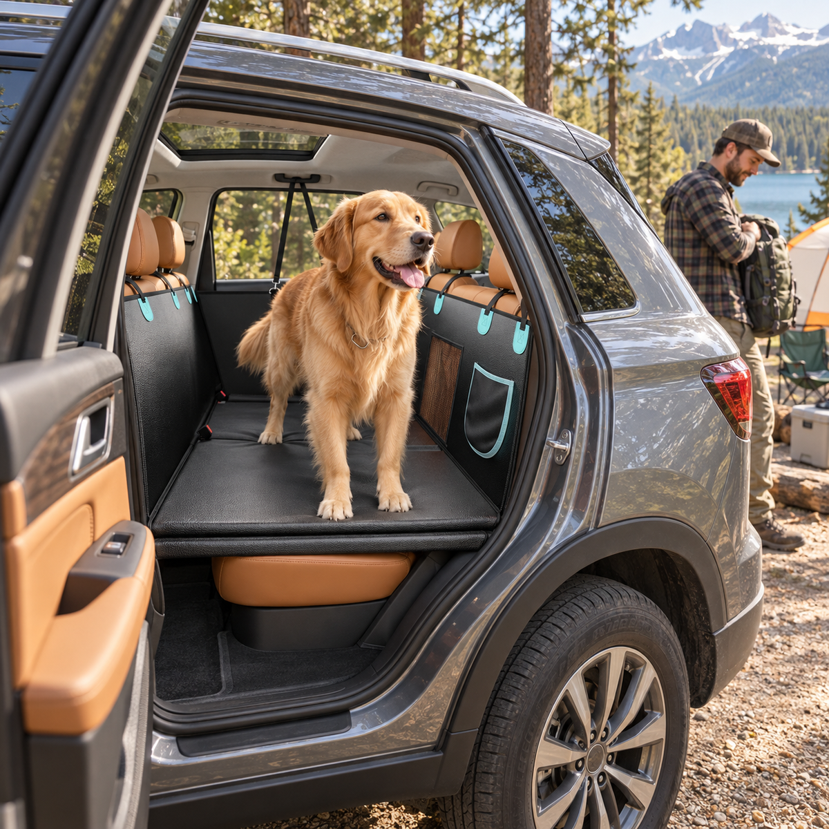 A golden retriever stands on a black raised pet bed installed in the open trunk of a gray SUV, with a man standing nearby by a lake and mountains in the background.