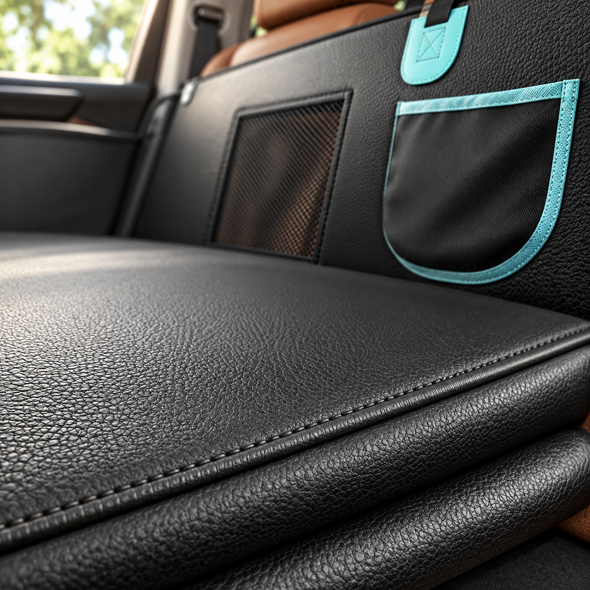 Close-up of a black textured car seat or bench with a mesh side panel and a front pocket outlined in bright aqua blue, shown inside a vehicle.